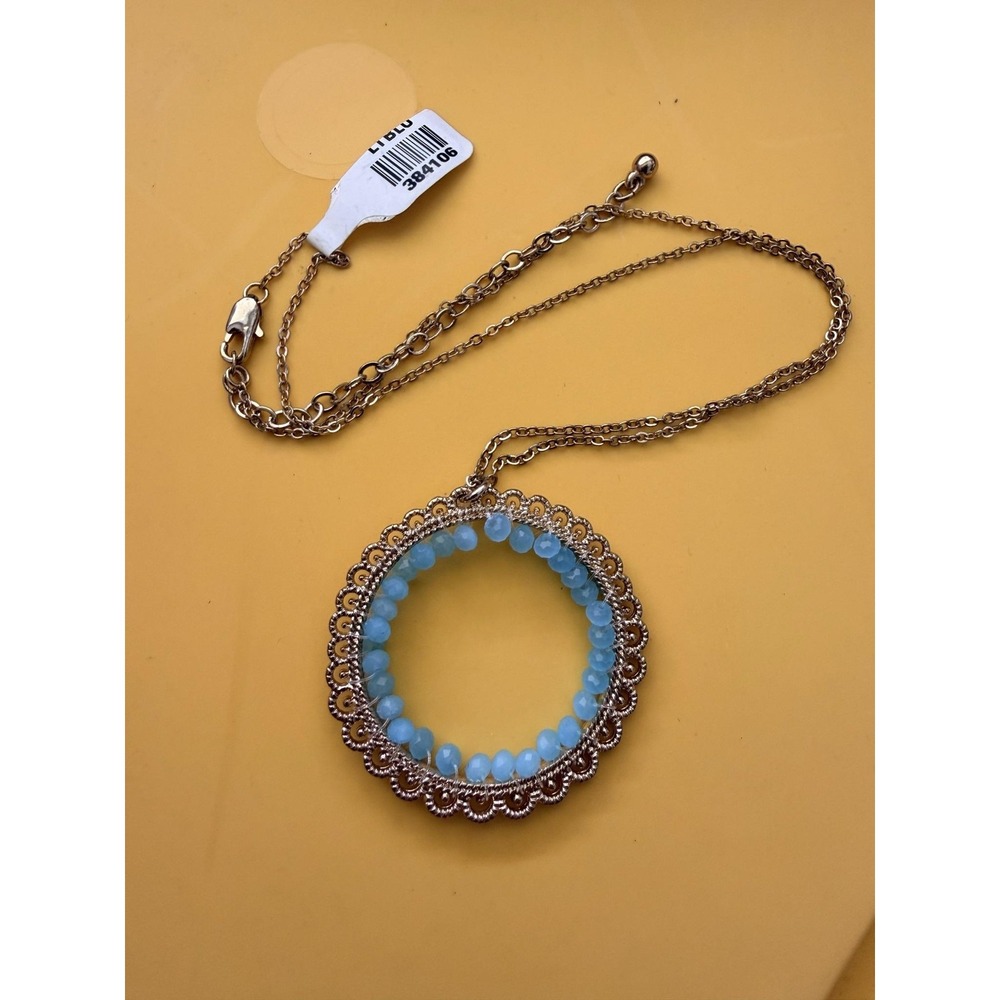 Gold Tone Blue Beaded Round Pendant Necklace 19 Inch Womens Statement Boho
